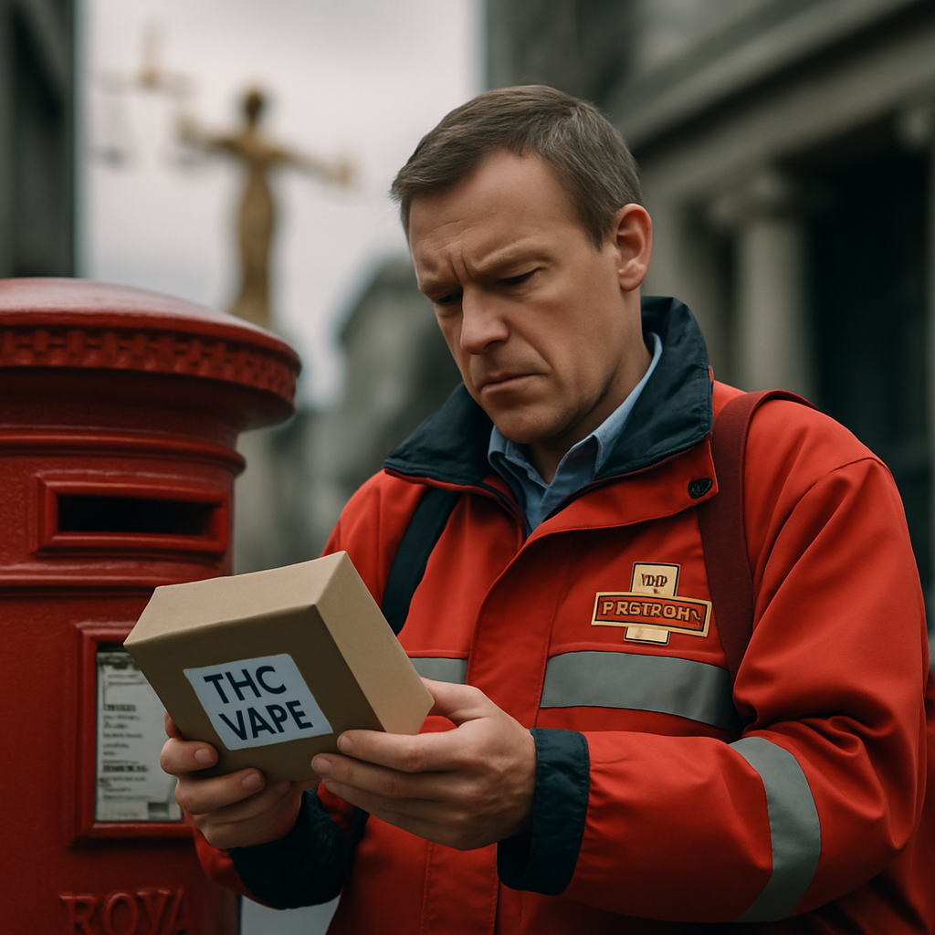 A UK mail carrier hesitates with a package marked THC vape, against a backdrop